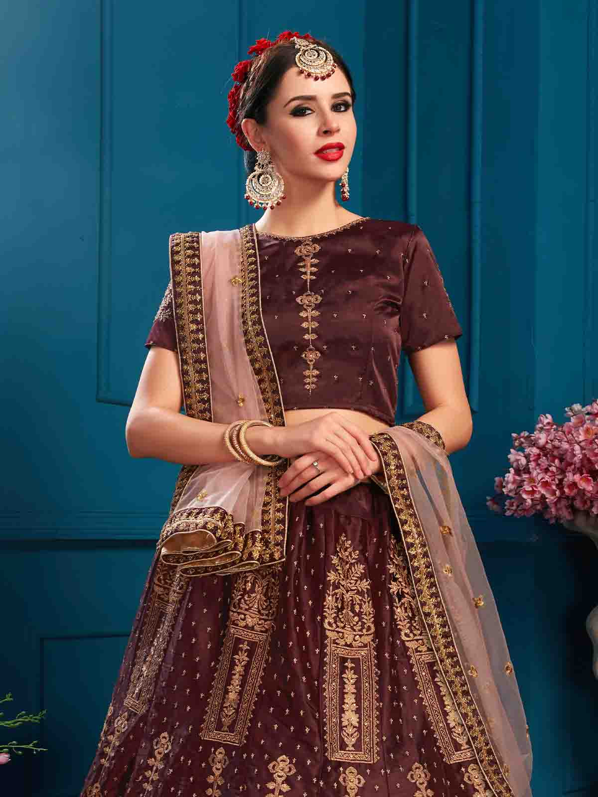 Odette Women Brown Designer Satin Semi Stitched Lehenga With Unstitched Blouse