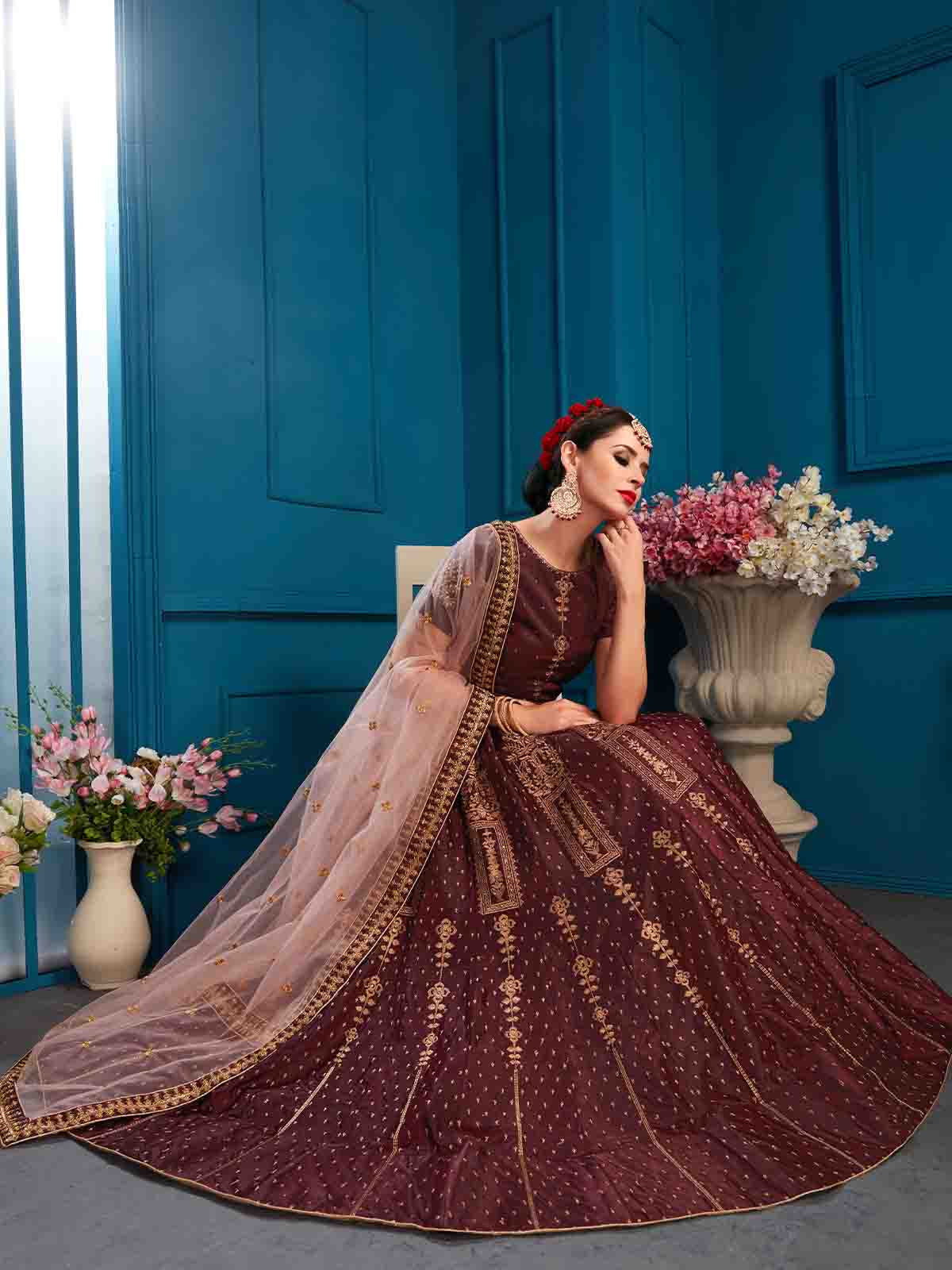 Odette Women Brown Designer Satin Semi Stitched Lehenga With Unstitched Blouse