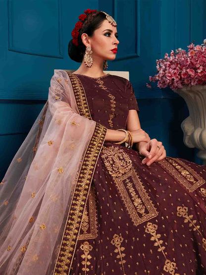 Odette Women Brown Designer Satin Semi Stitched Lehenga With Unstitched Blouse