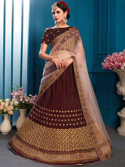 Odette Women Brown Sparkling Sequins Semi Stitched Lehenga With Unstitched Blouse