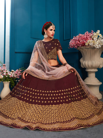Odette Women Brown Sparkling Sequins Semi Stitched Lehenga With Unstitched Blouse