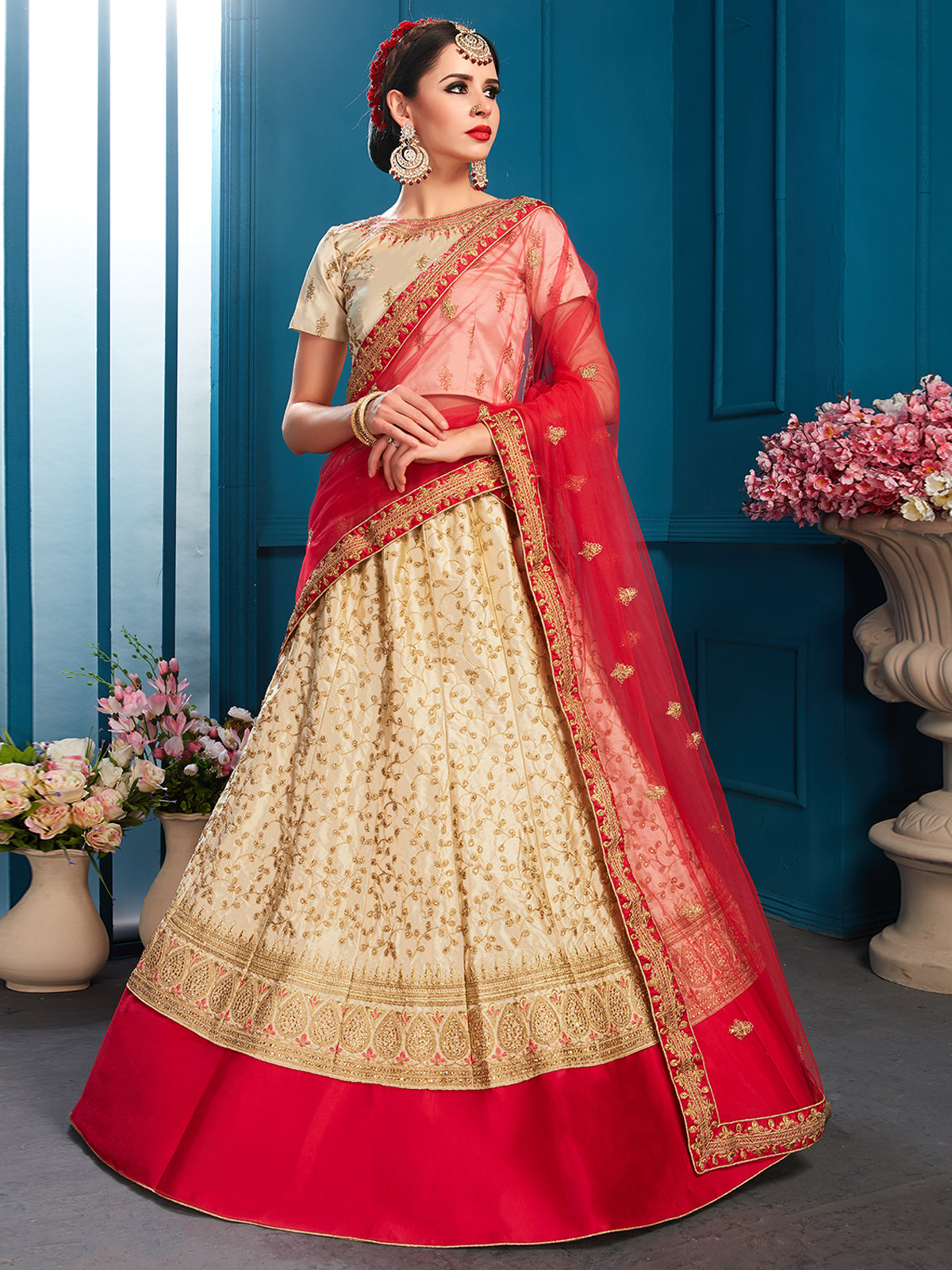 Odette Women Beige Designer Semi Stitched Lehenga With Unstitched Blouse