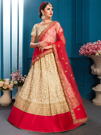 Odette Women Beige Designer Semi Stitched Lehenga With Unstitched Blouse