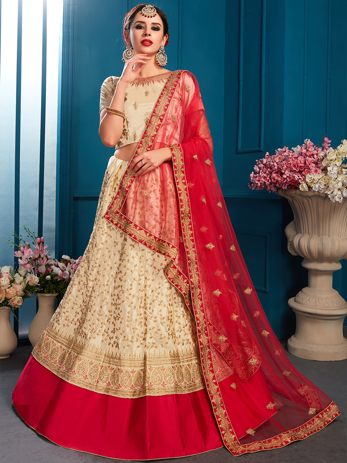 Odette Women Beige Designer Semi Stitched Lehenga With Unstitched Blouse