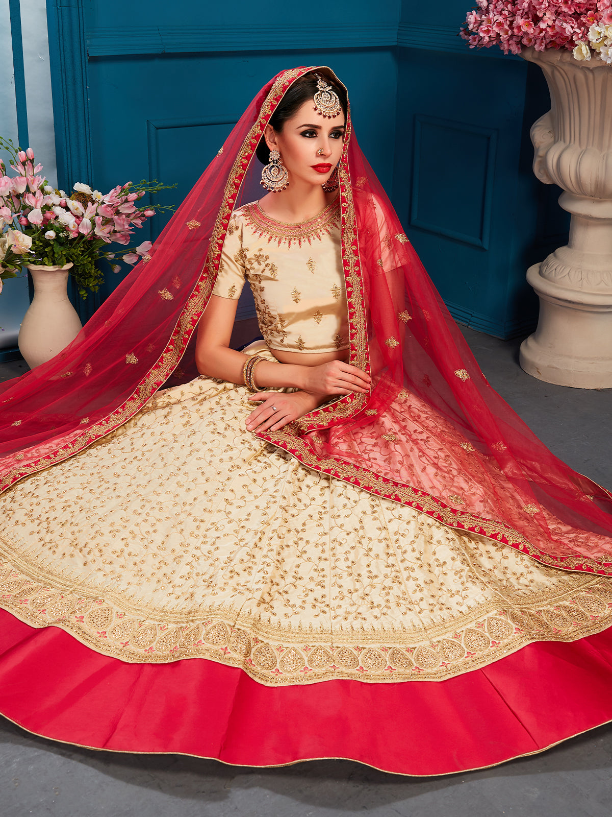 Odette Women Beige Designer Semi Stitched Lehenga With Unstitched Blouse