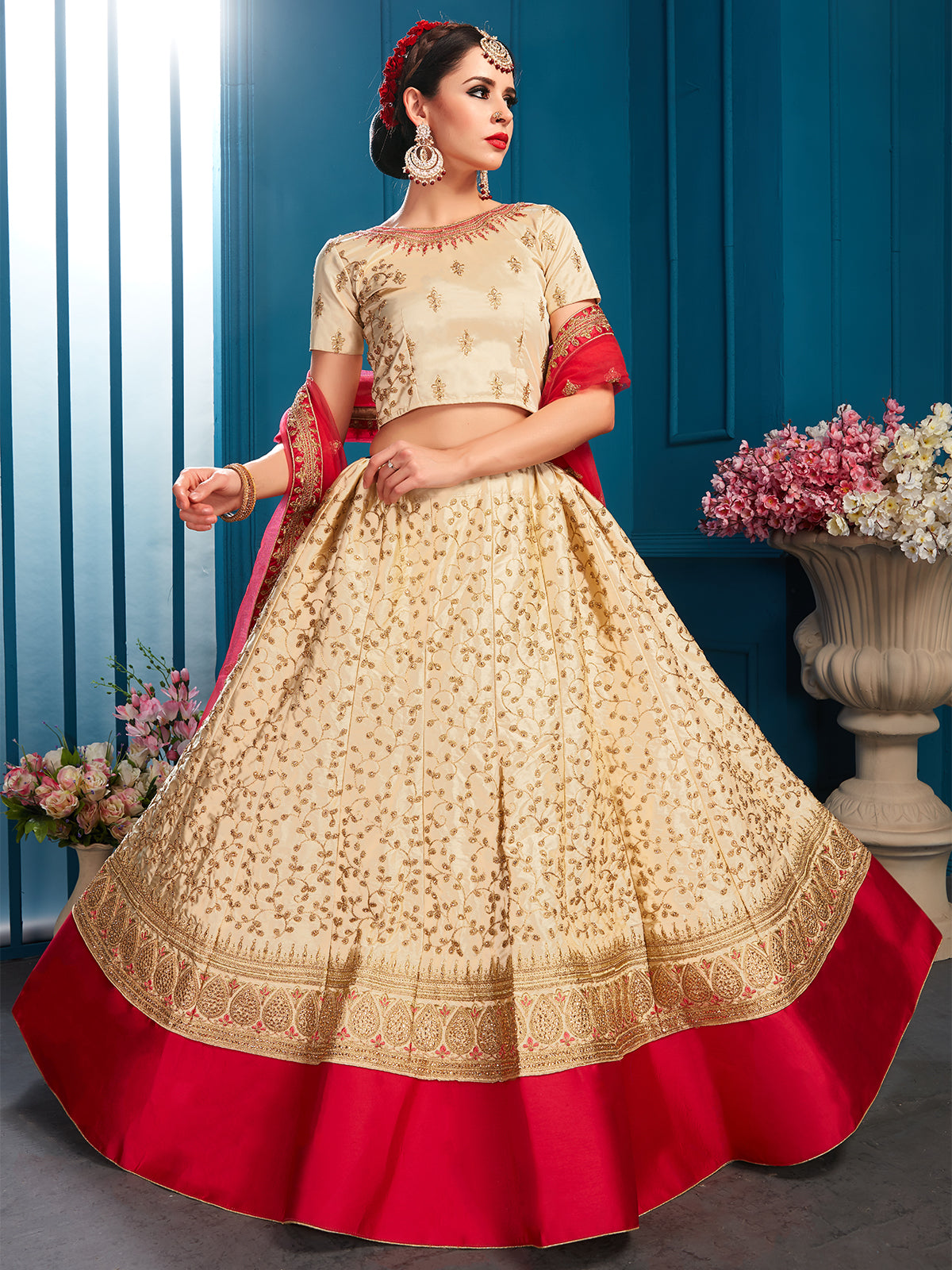 Odette Women Beige Designer Semi Stitched Lehenga With Unstitched Blouse