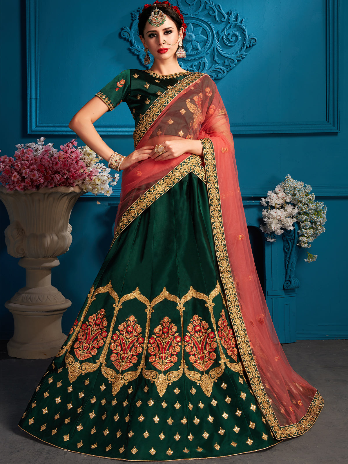 Odette Women Green Resham,Zari,Stone Semi Stitched Lehenga With Unstitched Blouse