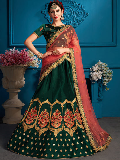 Odette Women Green Resham,Zari,Stone Semi Stitched Lehenga With Unstitched Blouse