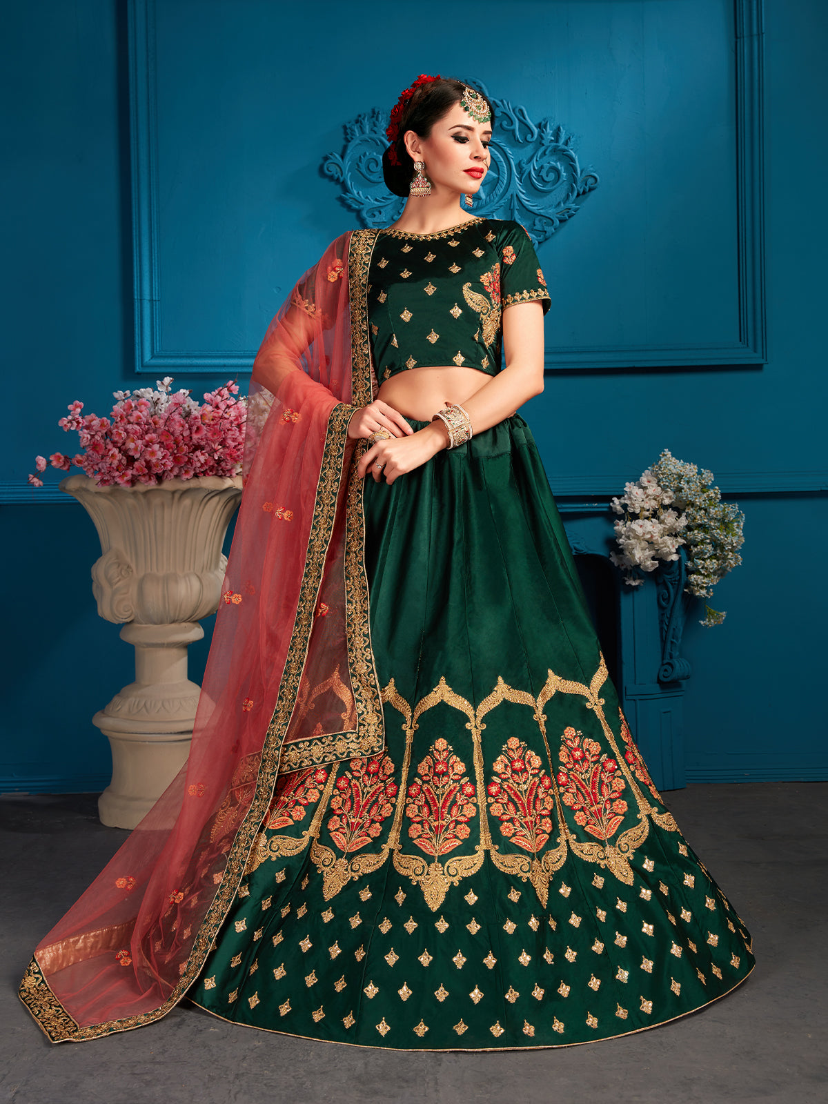 Odette Women Green Resham,Zari,Stone Semi Stitched Lehenga With Unstitched Blouse