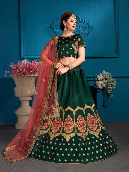 Odette Women Green Resham,Zari,Stone Semi Stitched Lehenga With Unstitched Blouse