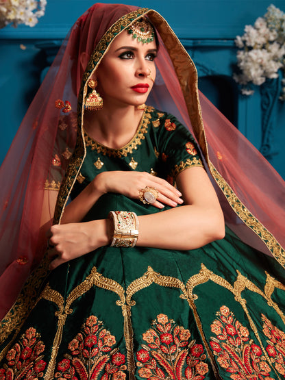 Odette Women Green Resham,Zari,Stone Semi Stitched Lehenga With Unstitched Blouse