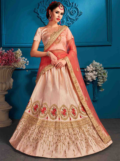 Odette Women Peach Resham,Zari,Stone,Gilter Sequins Semi Stitched Lehenga With Unstitched Blouse
