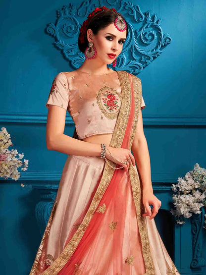Odette Women Peach Resham,Zari,Stone,Gilter Sequins Semi Stitched Lehenga With Unstitched Blouse