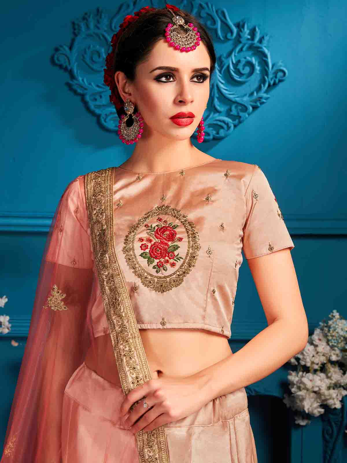 Odette Women Peach Resham,Zari,Stone,Gilter Sequins Semi Stitched Lehenga With Unstitched Blouse