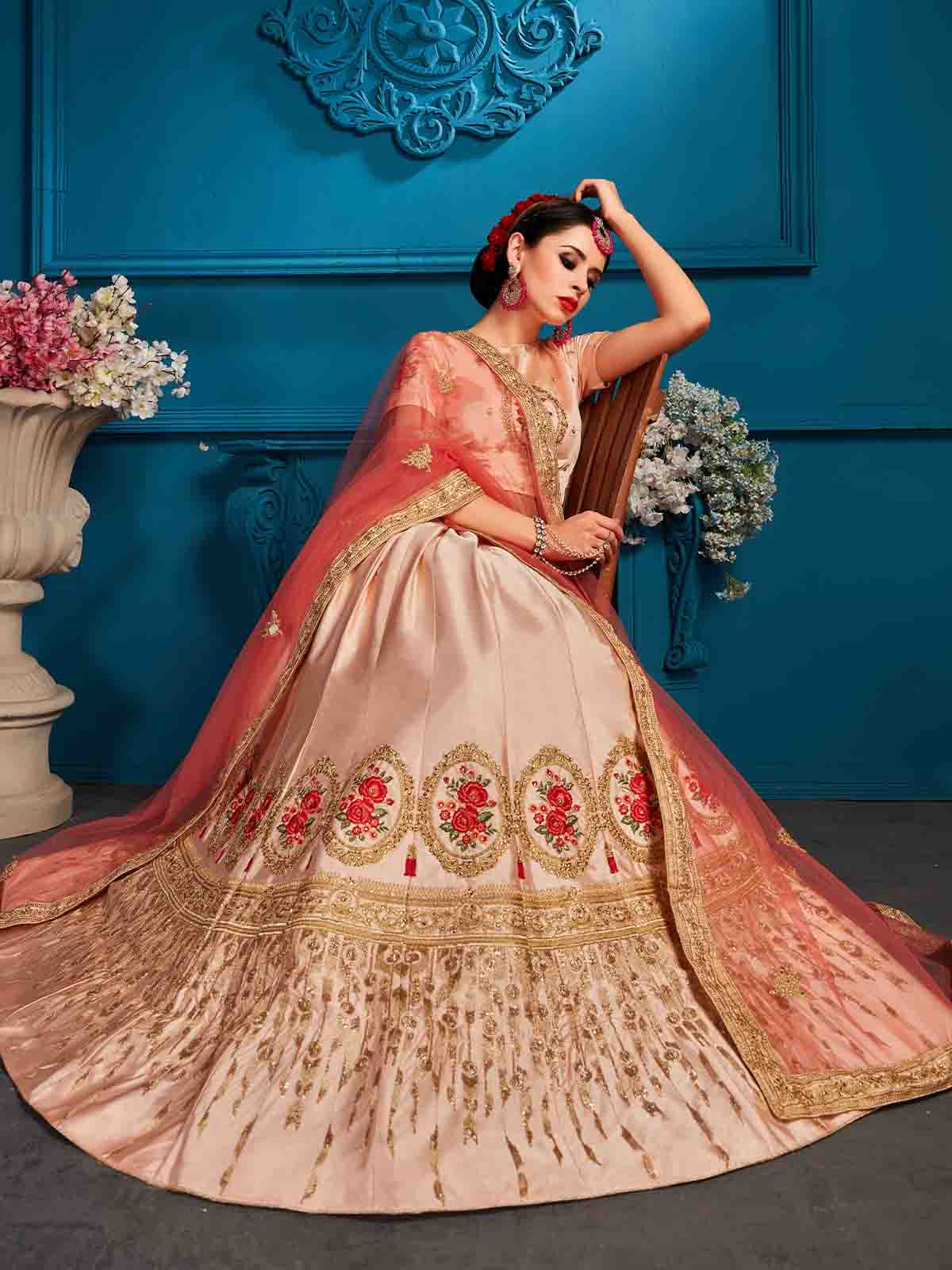 Odette Women Peach Resham,Zari,Stone,Gilter Sequins Semi Stitched Lehenga With Unstitched Blouse