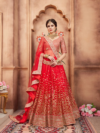 Odette Red Embroidered Soft Net Semi Stitched Lehenga With Blouse For Women