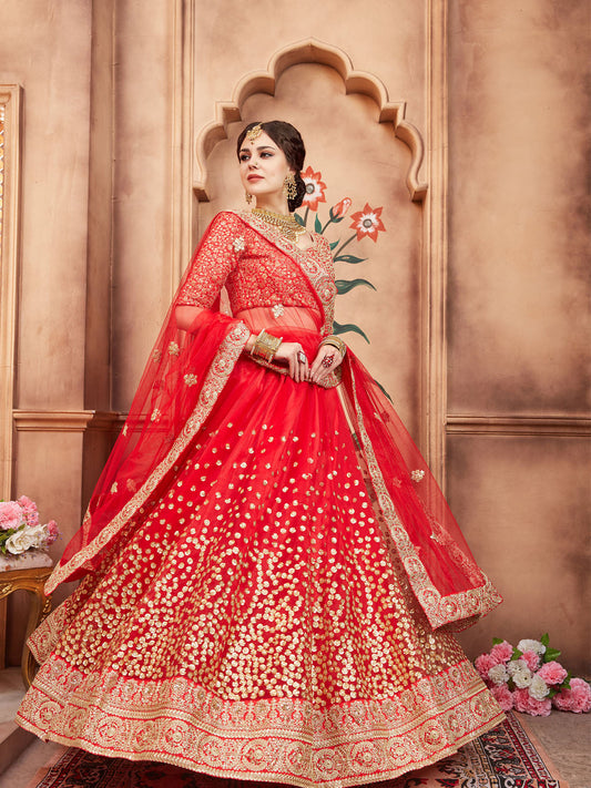 Odette Red Embroidered Soft Net Semi Stitched Lehenga With Blouse For Women