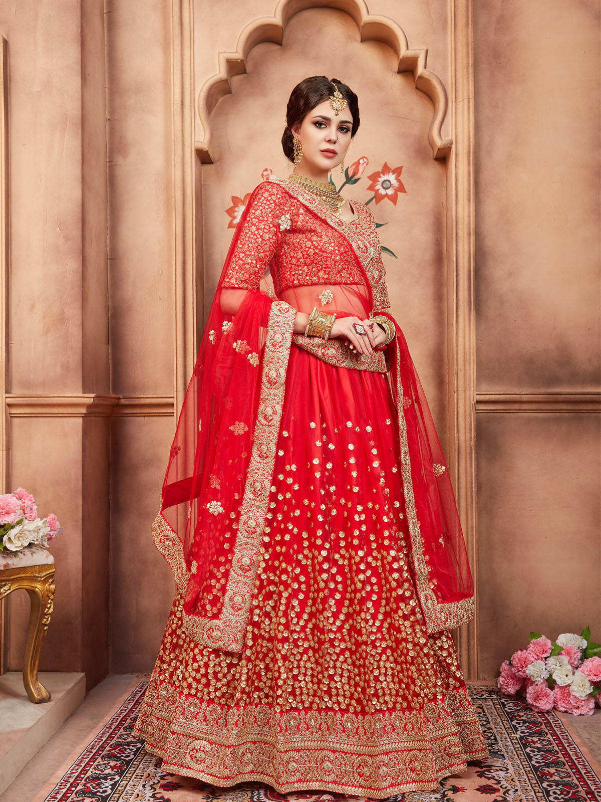 Odette Red Embroidered Soft Net Semi Stitched Lehenga With Blouse For Women