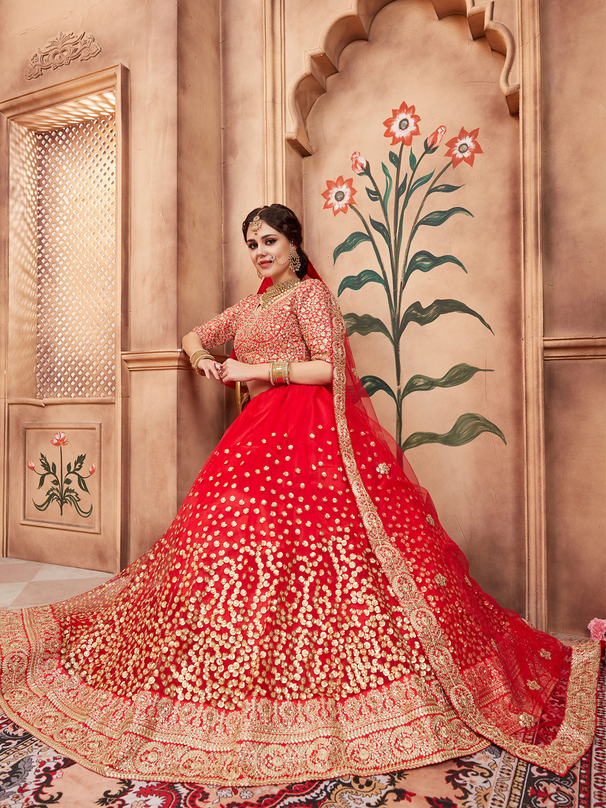 Odette Red Embroidered Soft Net Semi Stitched Lehenga With Blouse For Women