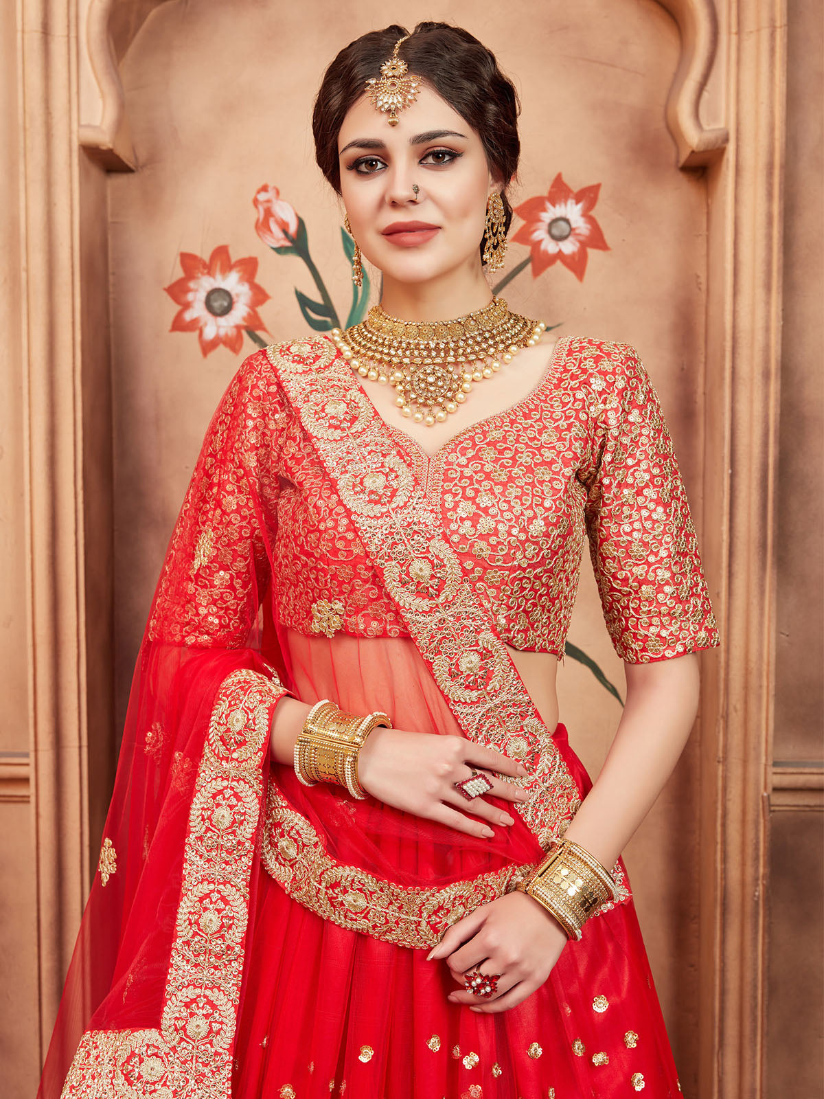 Odette Red Embroidered Soft Net Semi Stitched Lehenga With Blouse For Women