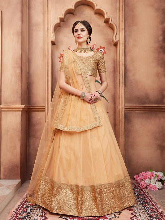 Odette Beige Embellished Soft Net Semi Stitched Lehenga With Blouse For Women