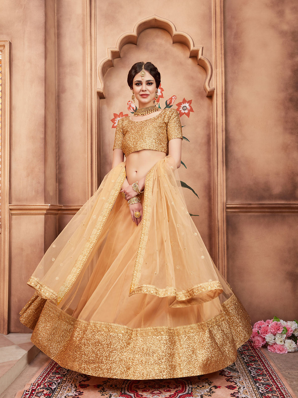 Odette Beige Embellished Soft Net Semi Stitched Lehenga With Blouse For Women
