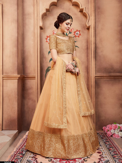 Odette Beige Embellished Soft Net Semi Stitched Lehenga With Blouse For Women