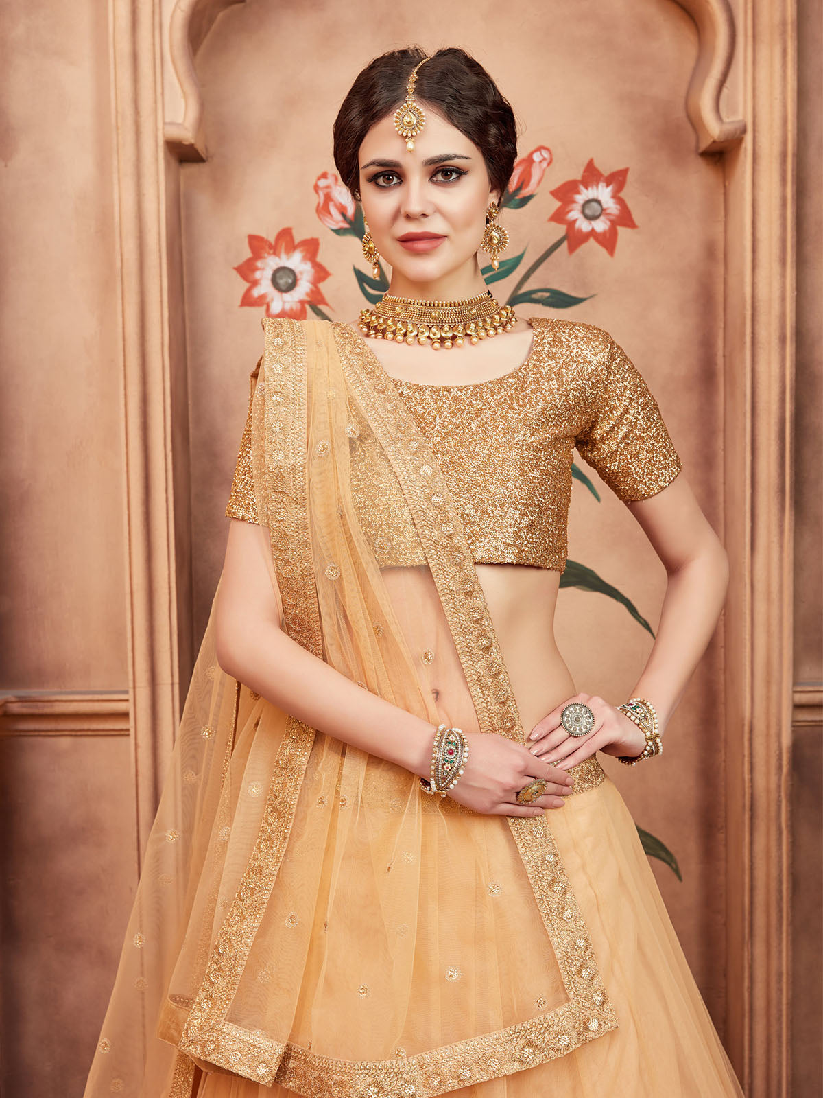 Odette Beige Embellished Soft Net Semi Stitched Lehenga With Blouse For Women