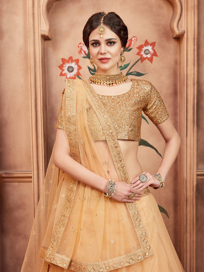 Odette Beige Embellished Soft Net Semi Stitched Lehenga With Blouse For Women