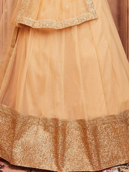 Odette Beige Embellished Soft Net Semi Stitched Lehenga With Blouse For Women