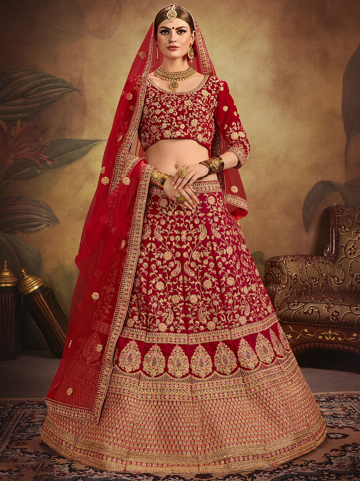 Odette Women Red Elegant Semi Stitched Lehenga With Unstitched Blouse