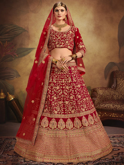 Odette Women Red Elegant Semi Stitched Lehenga With Unstitched Blouse
