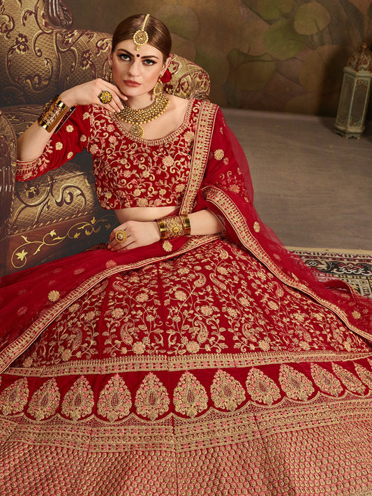 Odette Women Red Elegant Semi Stitched Lehenga With Unstitched Blouse