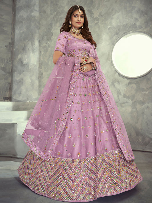 Odette Mauve Embroidered Soft Net Semi Stitched Lehenga With Blouse For Women