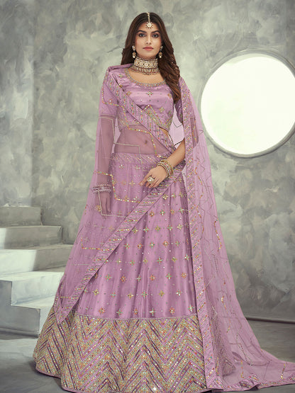 Odette Mauve Embroidered Soft Net Semi Stitched Lehenga With Blouse For Women