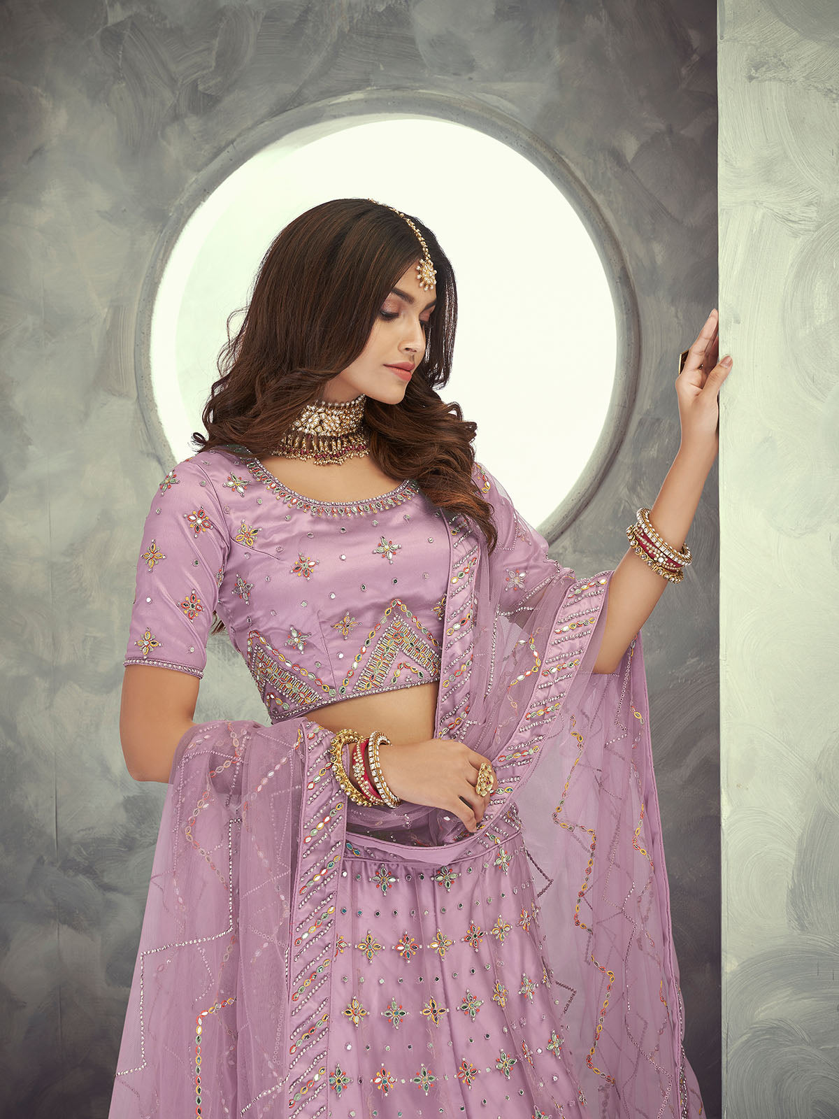 Odette Mauve Embroidered Soft Net Semi Stitched Lehenga With Blouse For Women