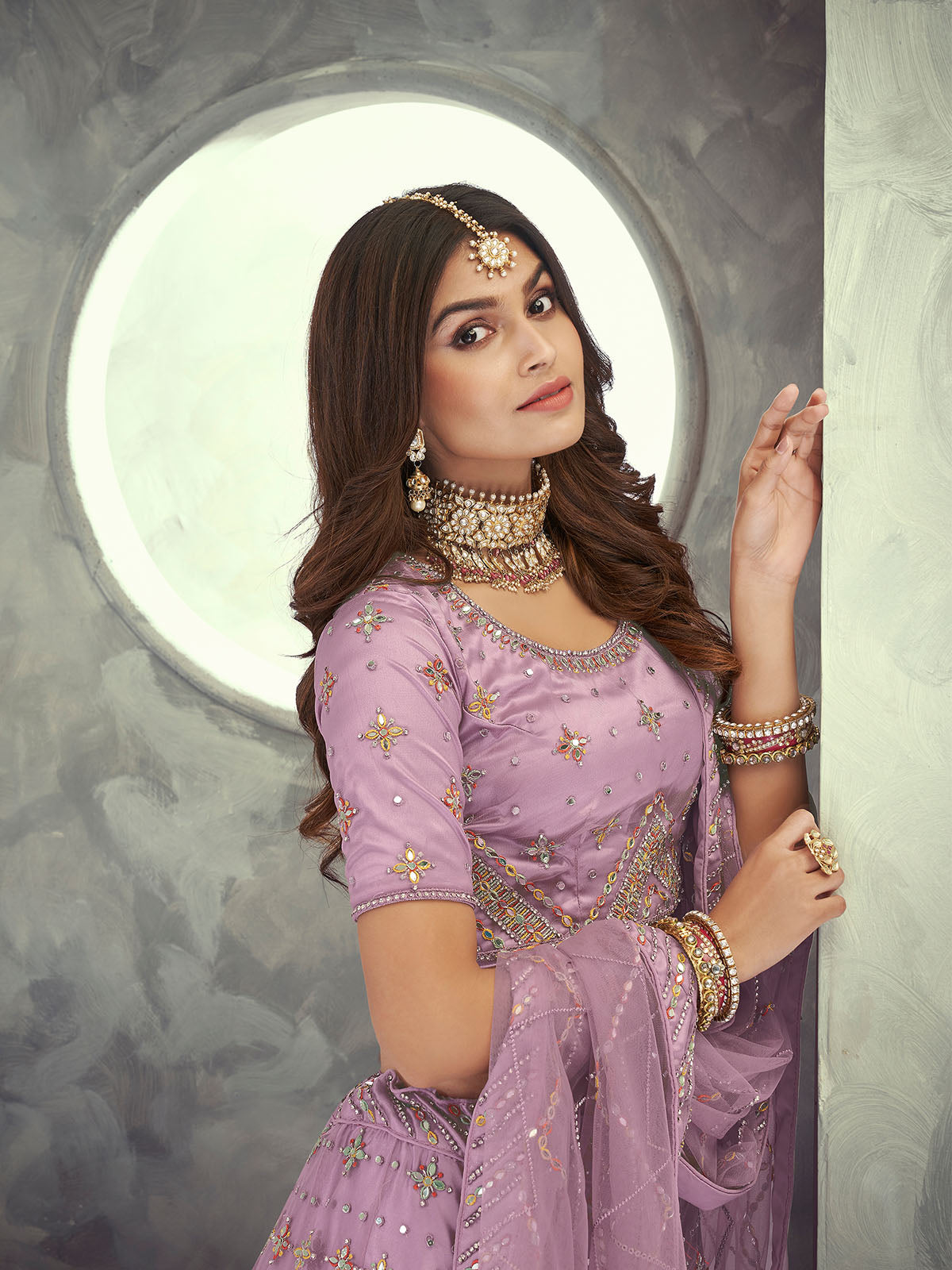 Odette Mauve Embroidered Soft Net Semi Stitched Lehenga With Blouse For Women