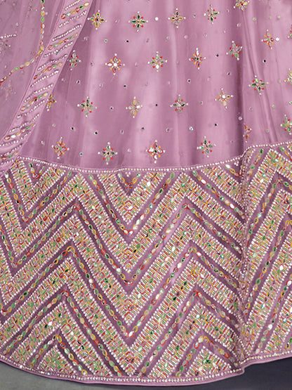 Odette Mauve Embroidered Soft Net Semi Stitched Lehenga With Blouse For Women