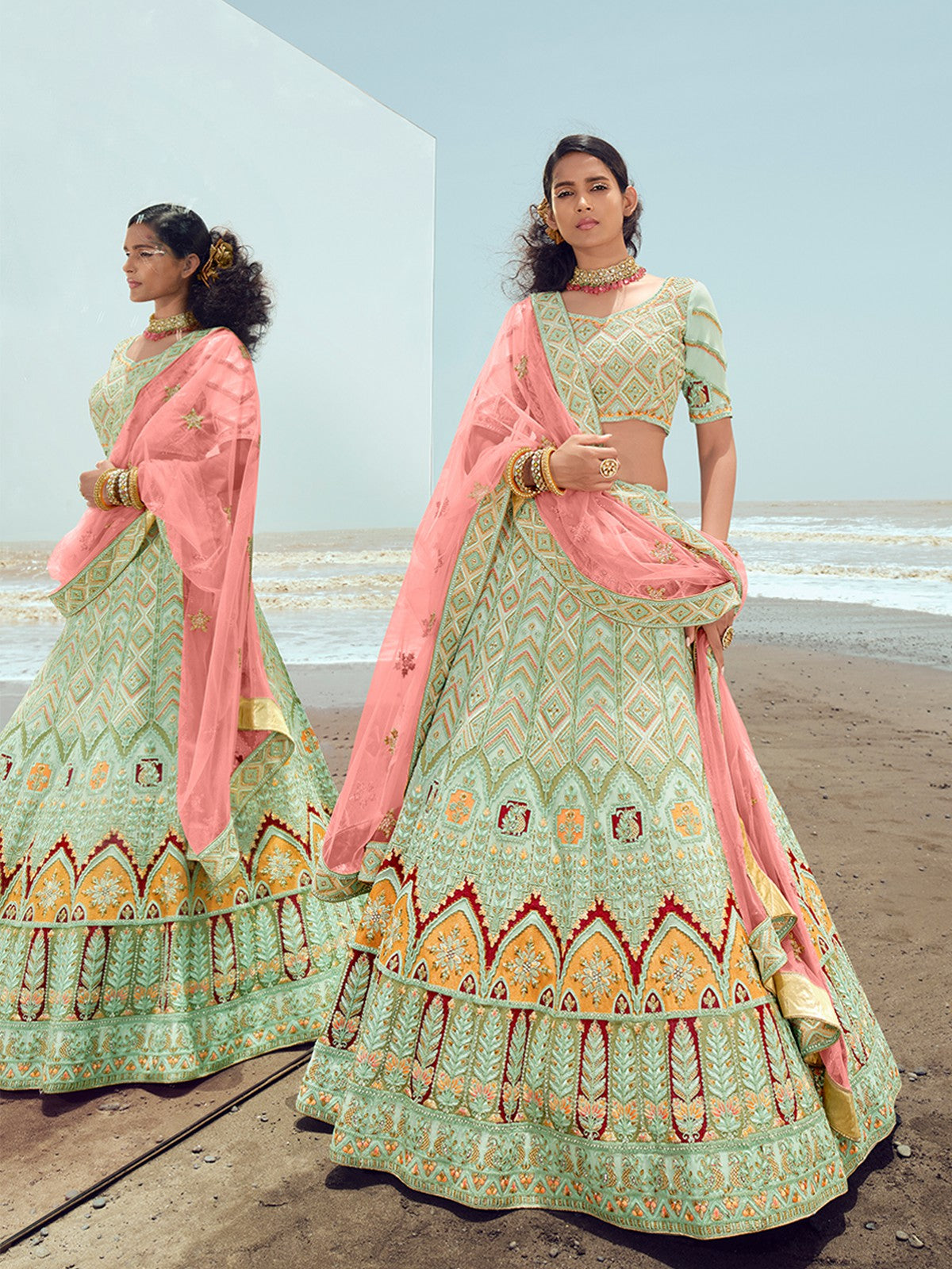 Odette Women Sea Green Georgette Embroidered Semi Stitched Lehenga With Unstitched Blouse