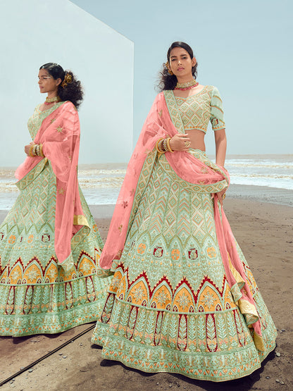 Odette Women Sea Green Georgette Embroidered Semi Stitched Lehenga With Unstitched Blouse