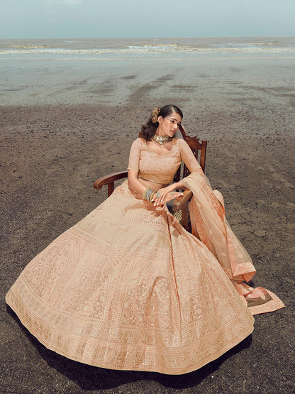 Odette Women Peach Organza Embroidered Semi Stitched Lehenga With Unstitched Blouse