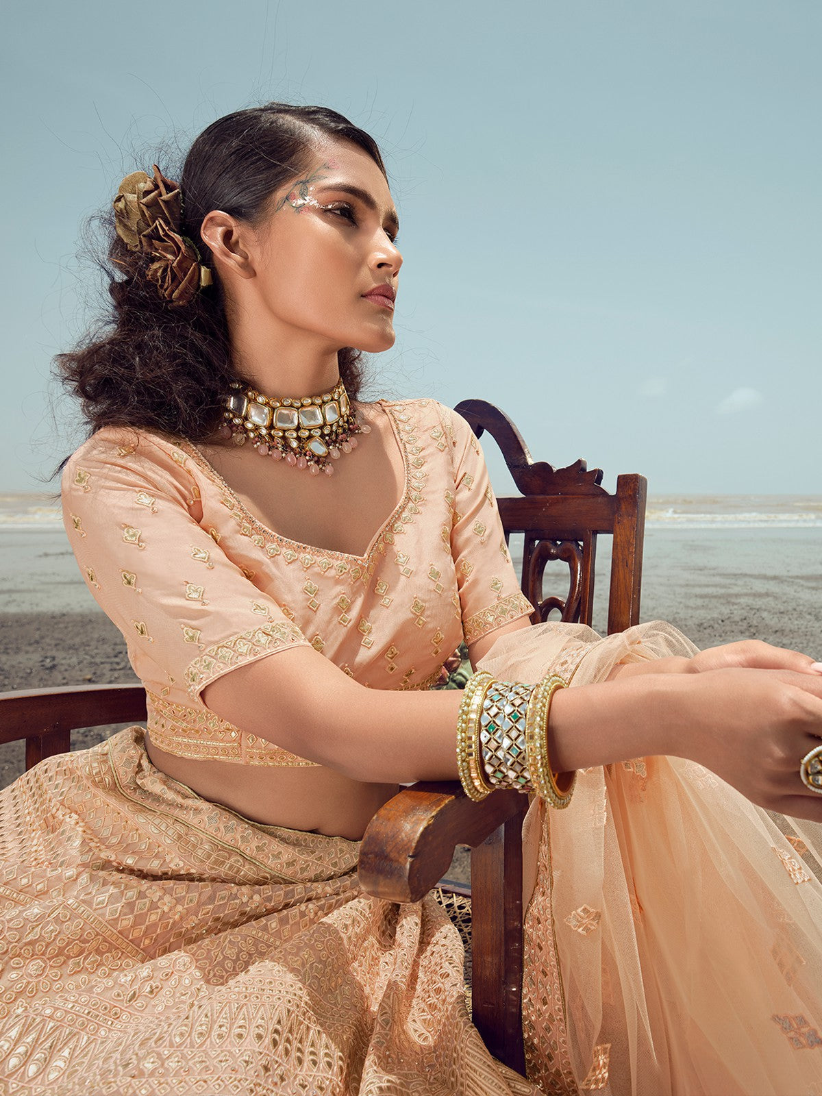 Odette Women Peach Organza Embroidered Semi Stitched Lehenga With Unstitched Blouse