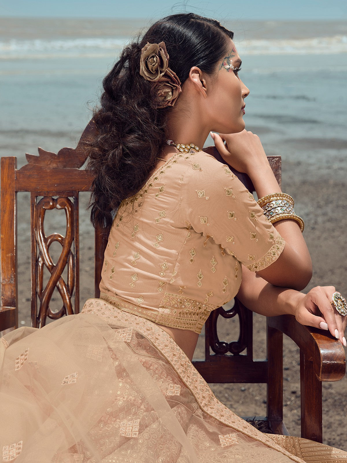 Odette Women Peach Organza Embroidered Semi Stitched Lehenga With Unstitched Blouse