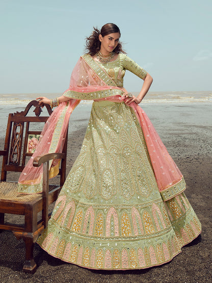 Odette Women Green Organza Embroidered Semi Stitched Lehenga With Unstitched Blouse