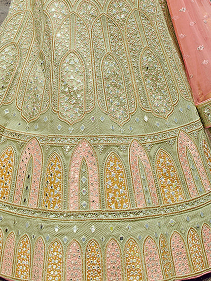 Odette Women Green Organza Embroidered Semi Stitched Lehenga With Unstitched Blouse