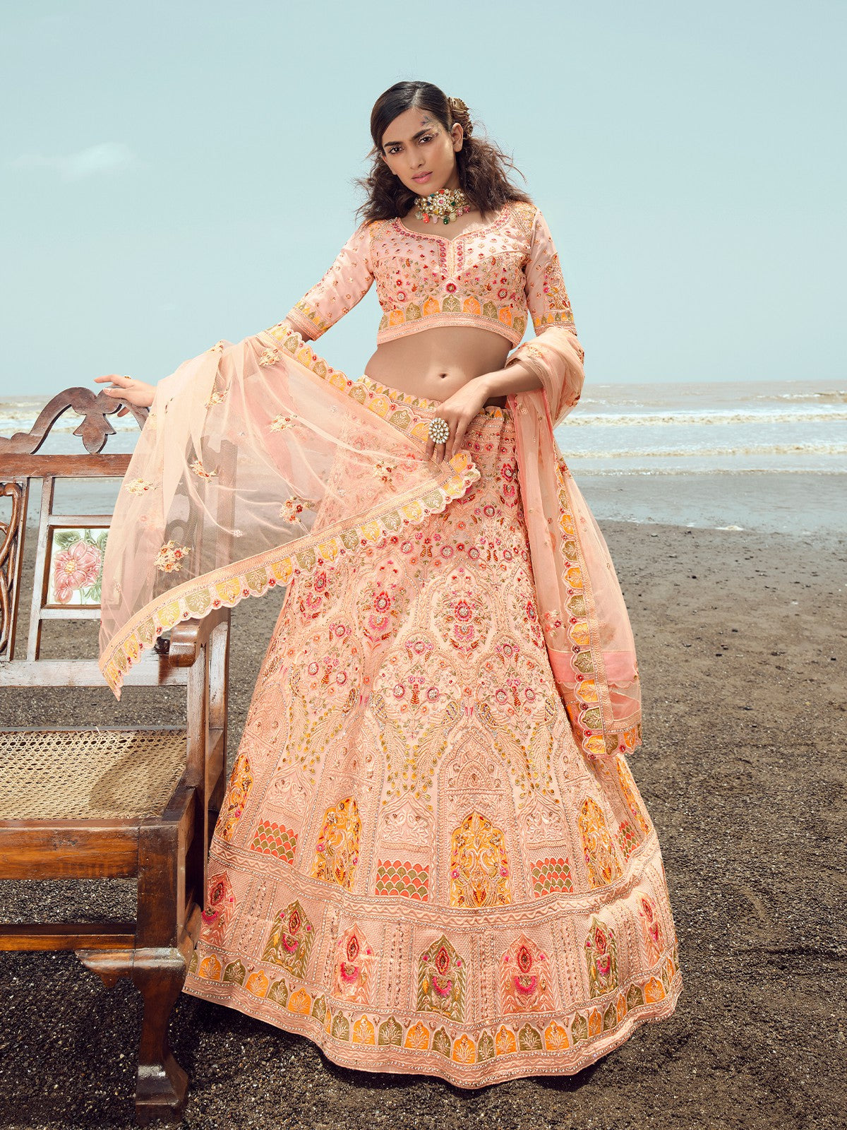 Odette Women Peach Embroidered Georgette Semi Stitched Lehenga With Unstitched Blouse
