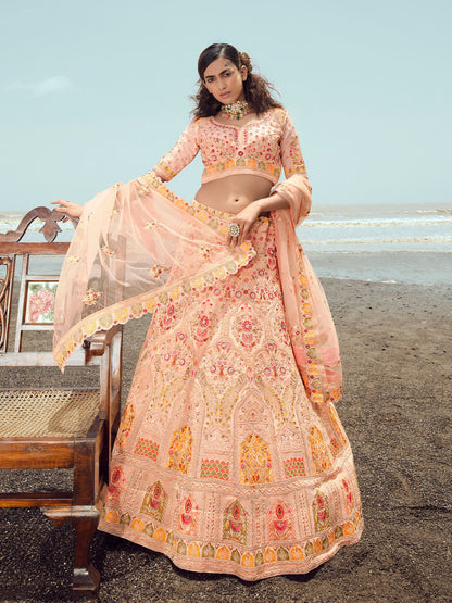 Odette Women Peach Embroidered Georgette Semi Stitched Lehenga With Unstitched Blouse