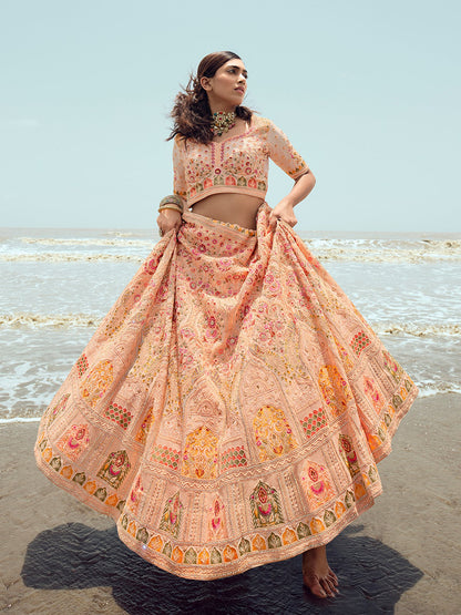 Odette Women Peach Embroidered Georgette Semi Stitched Lehenga With Unstitched Blouse
