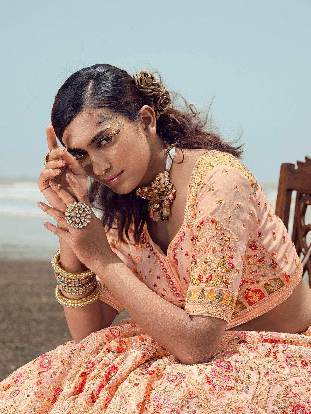 Odette Women Peach Embroidered Georgette Semi Stitched Lehenga With Unstitched Blouse