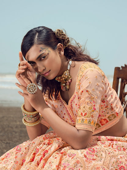 Odette Women Peach Embroidered Georgette Semi Stitched Lehenga With Unstitched Blouse